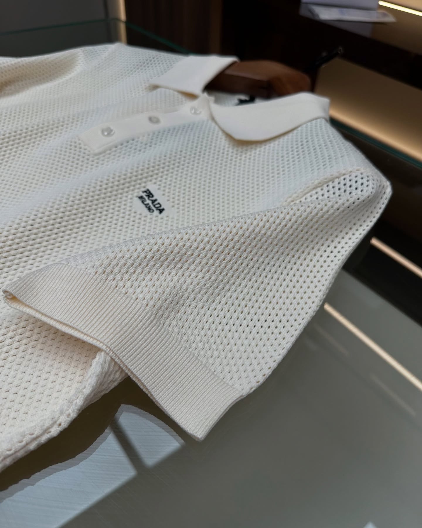 Prada Cream Mesh Knit Polo Shirt