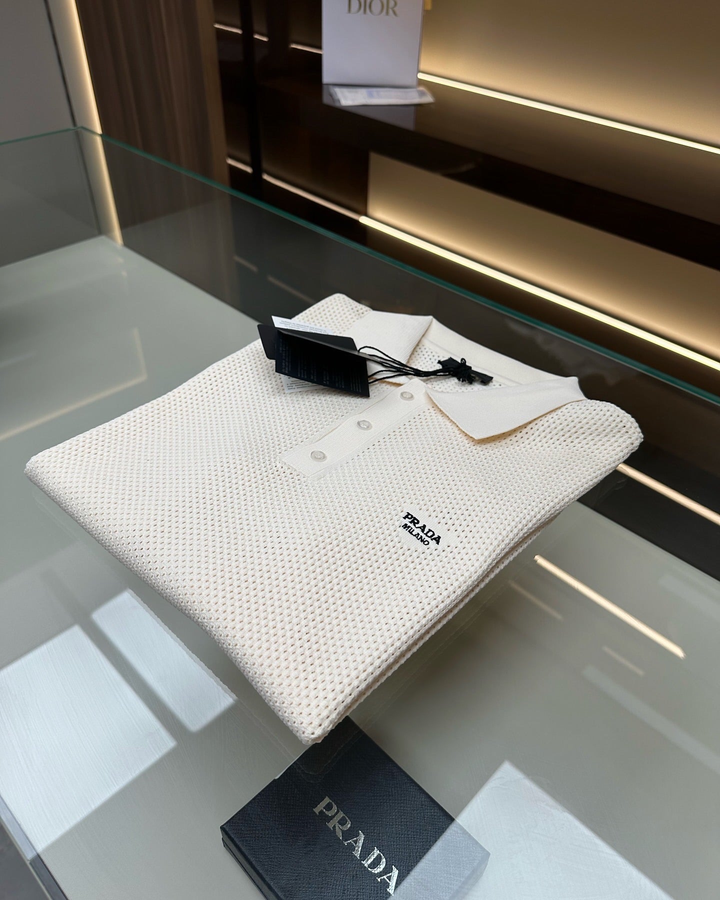 Prada Cream Mesh Knit Polo Shirt