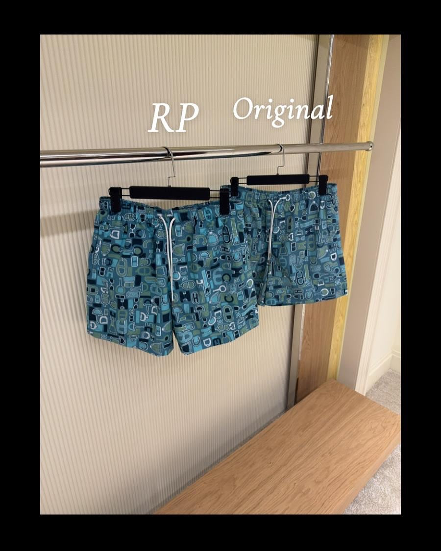 Hermès Monogram Geometric Print Swim Shorts – Blue & Teal