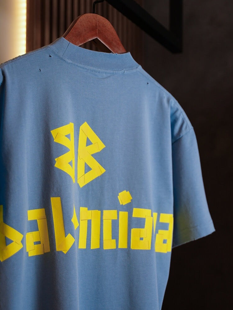 Balenciaga Blue Distressed Logo T-Shirt