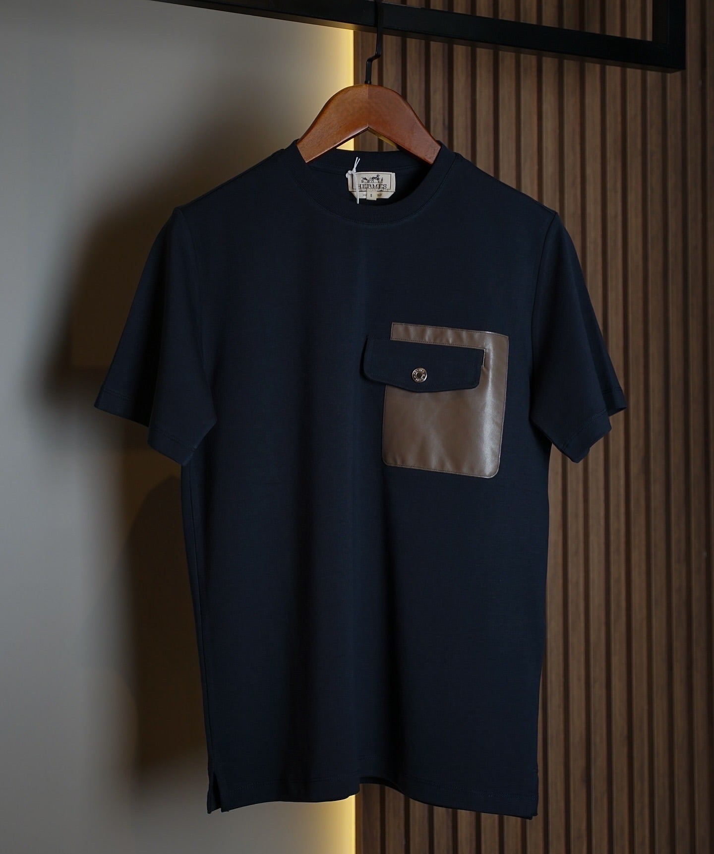 Hermès Navy Blue T-Shirt with Brown Satin Pocket