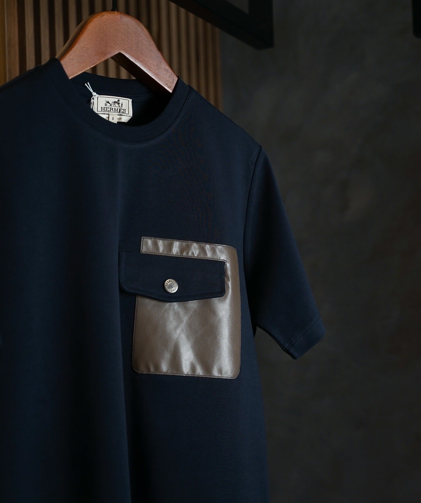 Hermès Navy Blue T-Shirt with Brown Satin Pocket