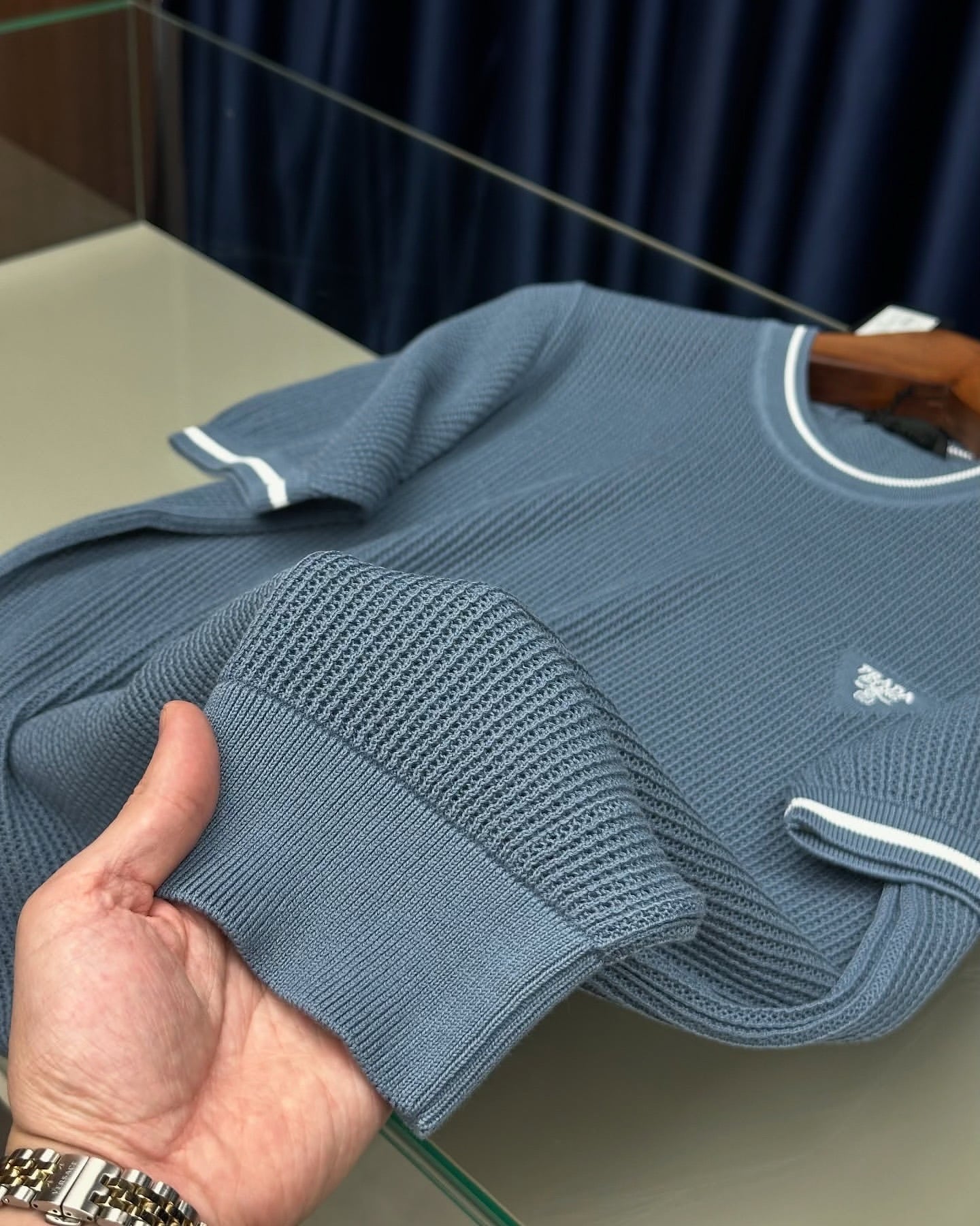 Prada Blue Ribbed Knit T-Shirt with Embroidered Triangle Logo