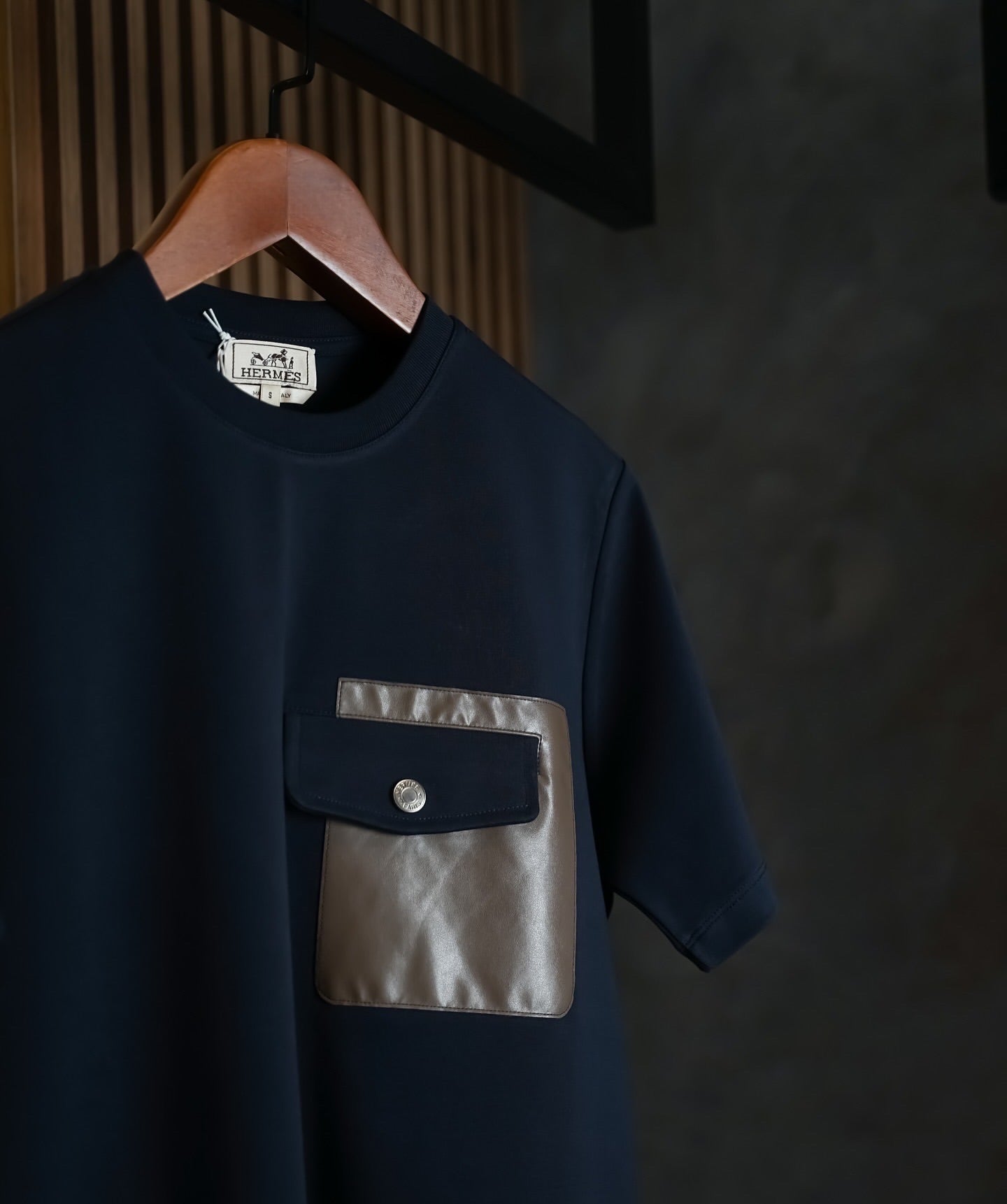 Hermès Navy Blue T-Shirt with Brown Satin Pocket
