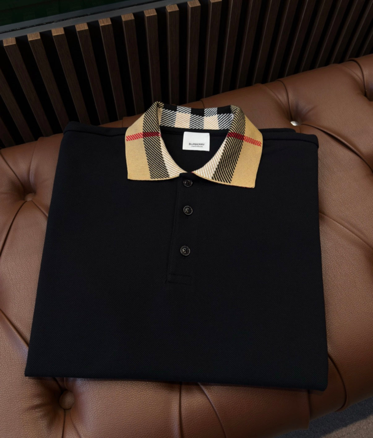 Burberry Black Polo Shirt – Iconic Check Collar – Premium Cotton – Men’s