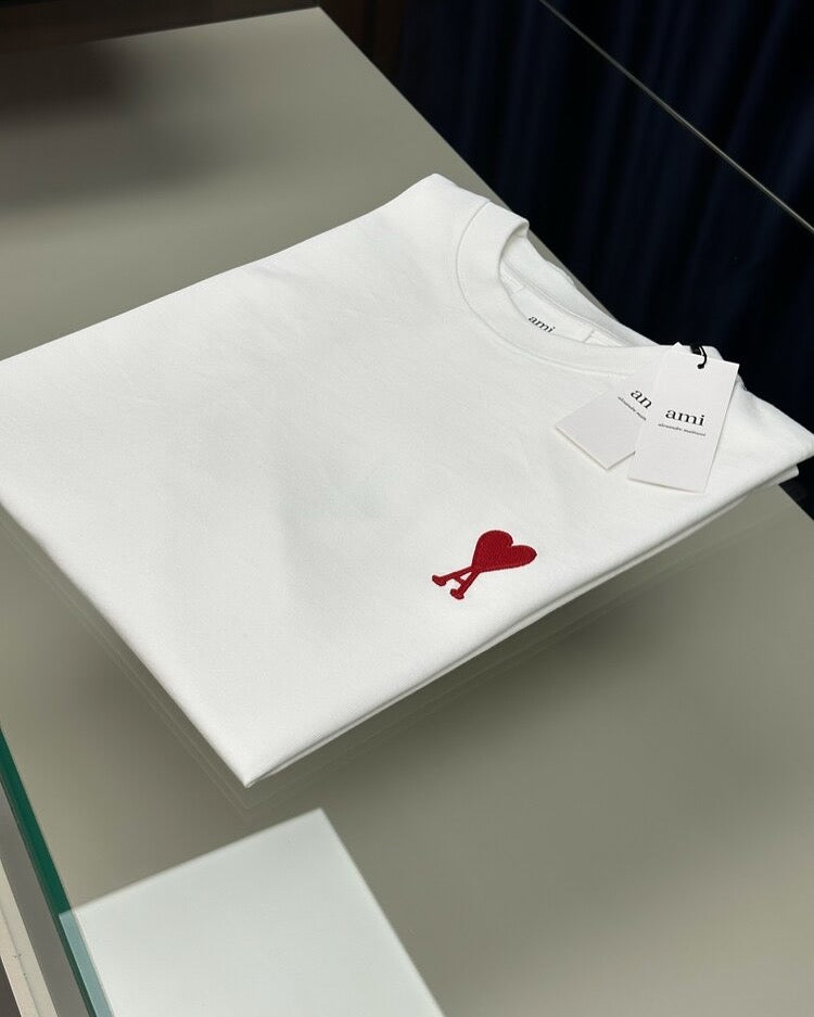 AMI Paris White T-Shirt with Red Ami de Coeur Logo