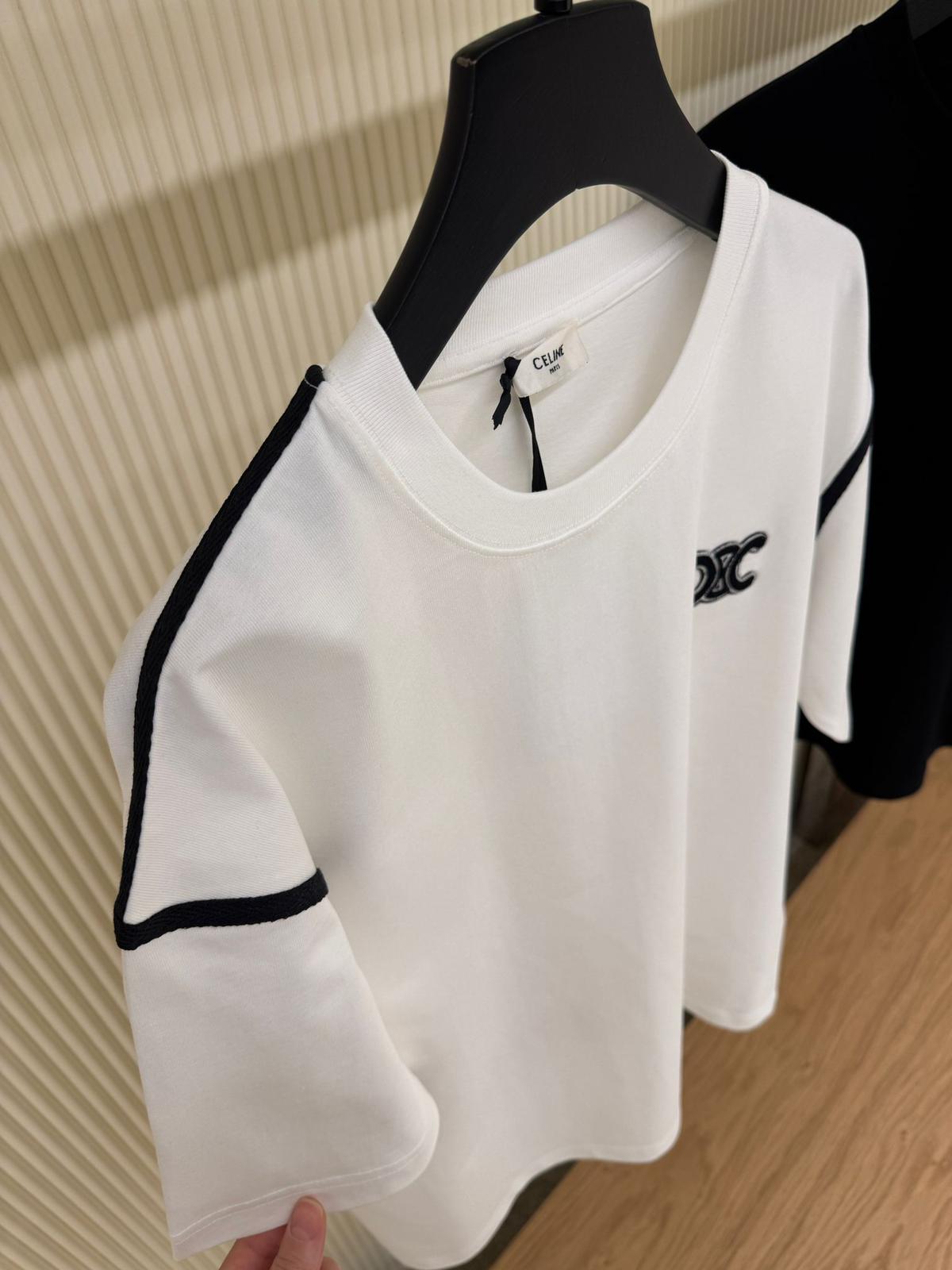 Celine White Cotton T-Shirt with Embroidered Triomphe Logo