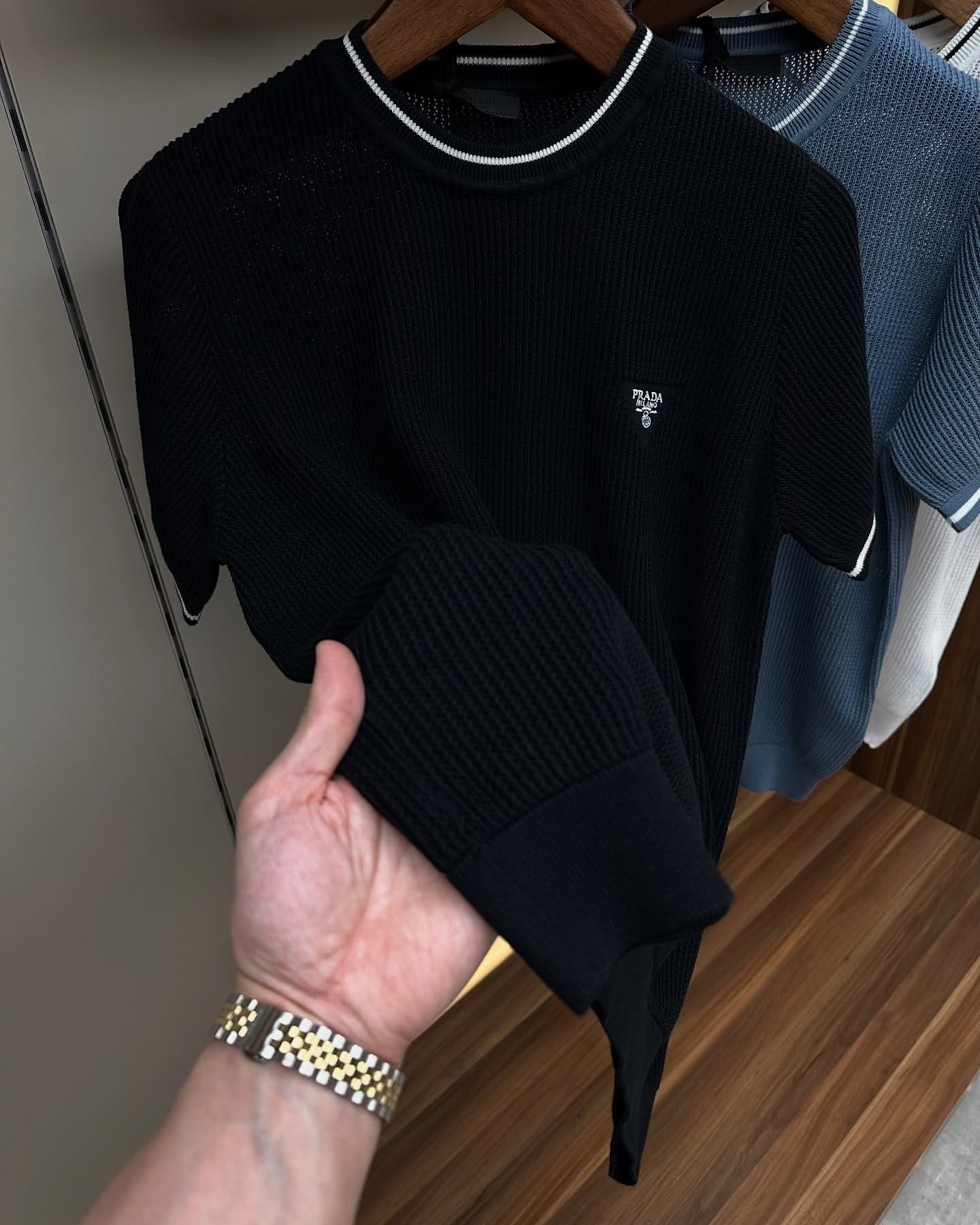 Prada Black Ribbed Knit T-Shirt with White Contrast Trim