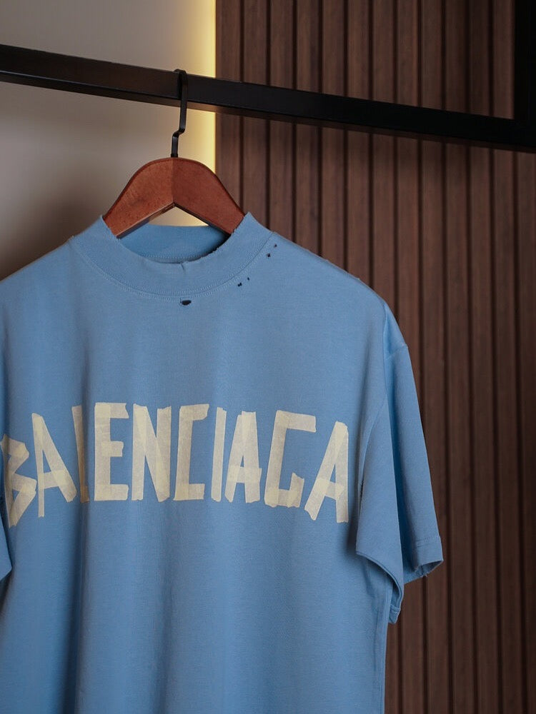 Balenciaga Blue Distressed Logo T-Shirt
