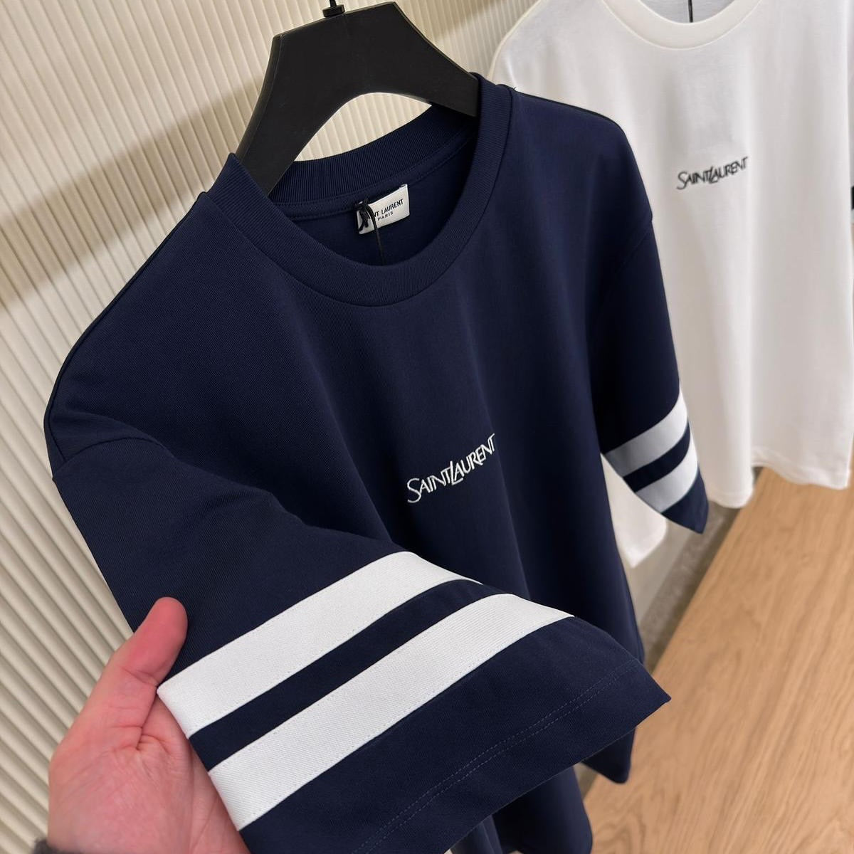 Saint Laurent Navy T-Shirt with Stripe Sleeve Detail