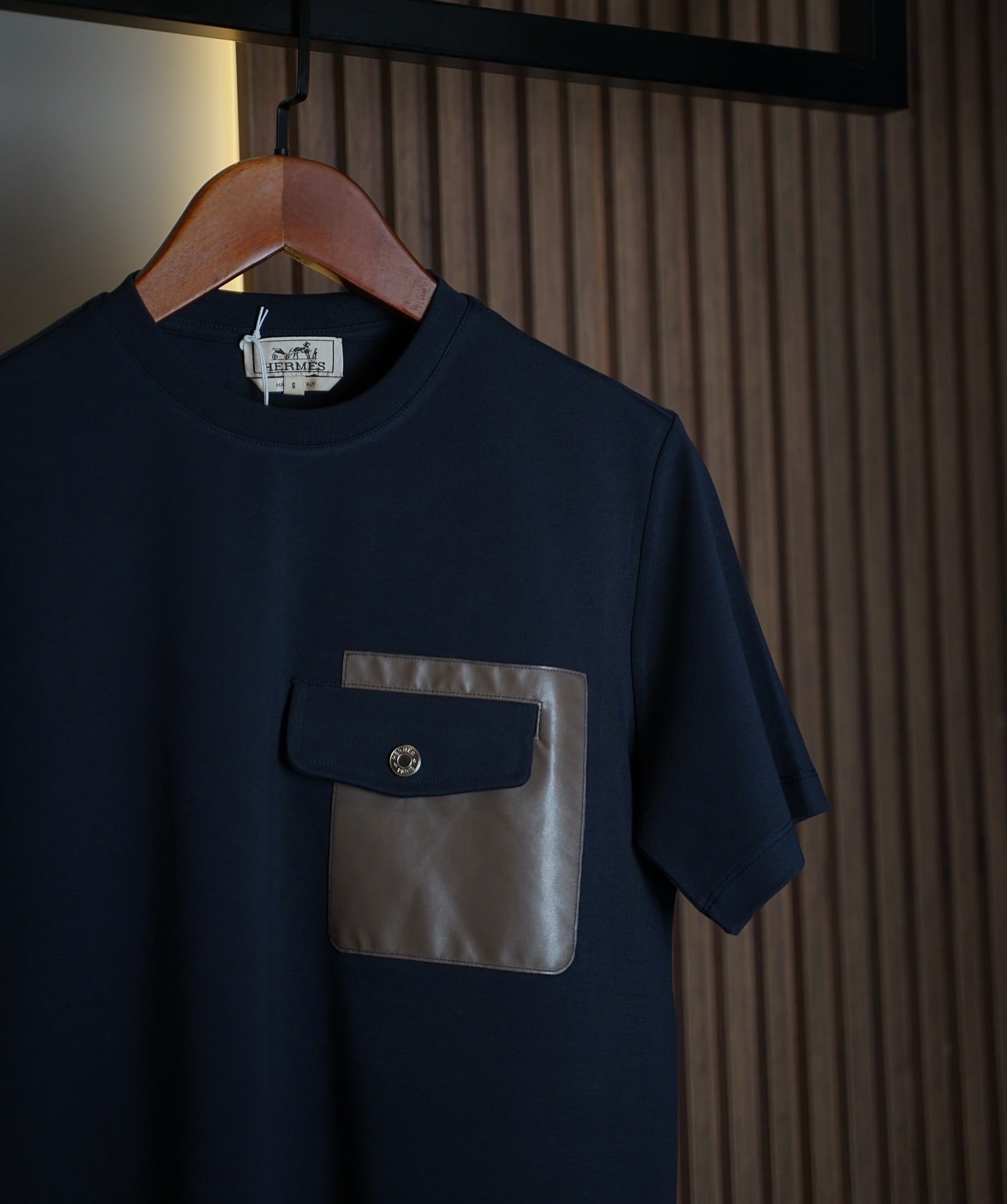 Hermès Navy Blue T-Shirt with Brown Satin Pocket