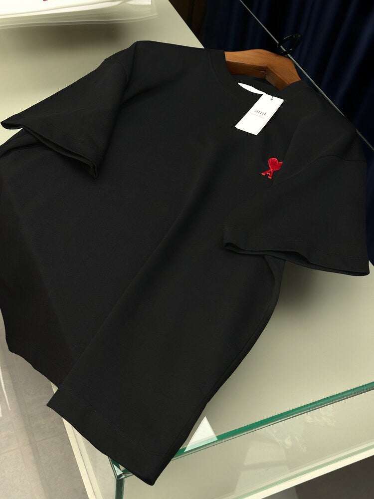 AMI Paris Black T-Shirt with Red Ami de Coeur Logo
