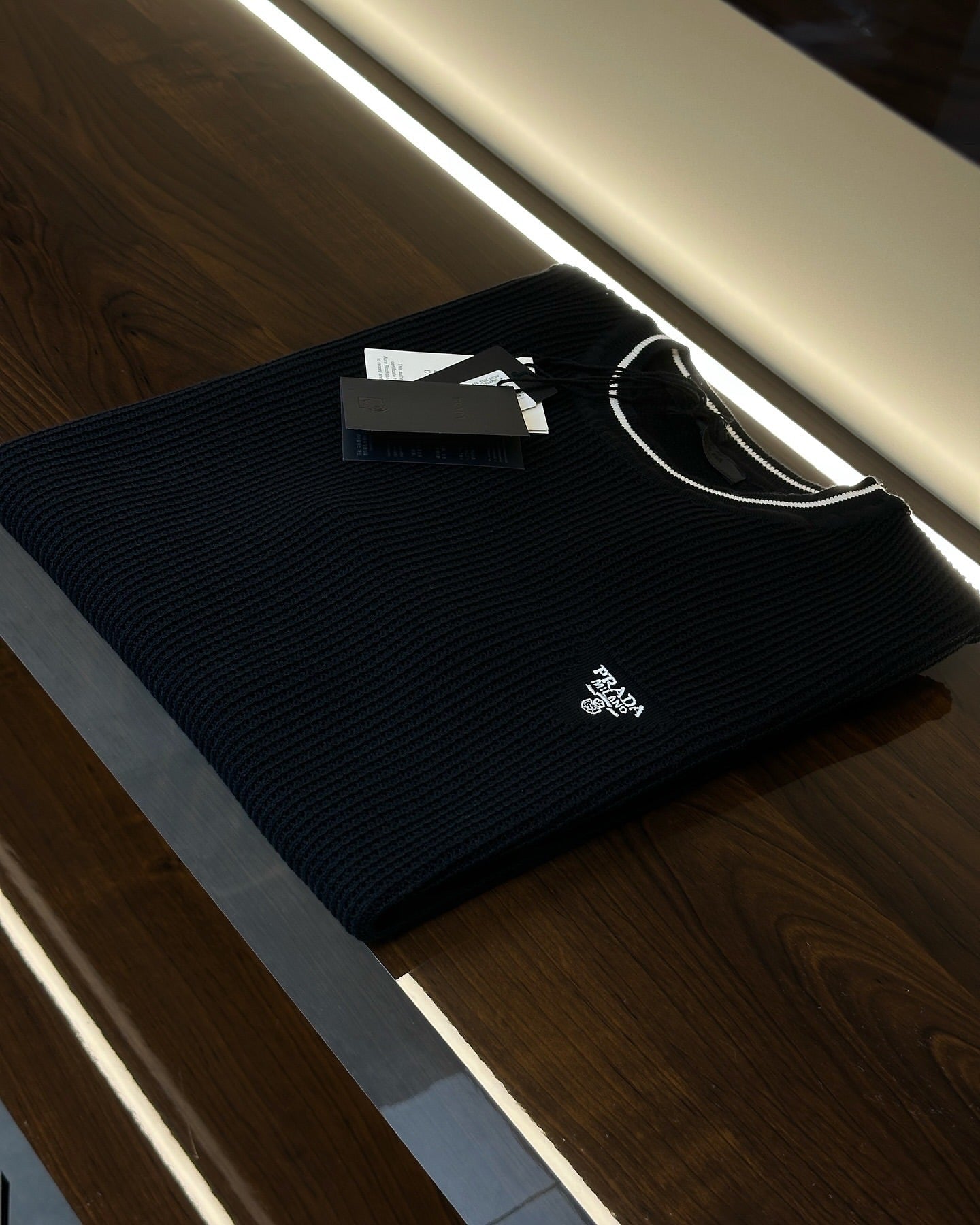 Prada Black Ribbed Knit T-Shirt with White Contrast Trim