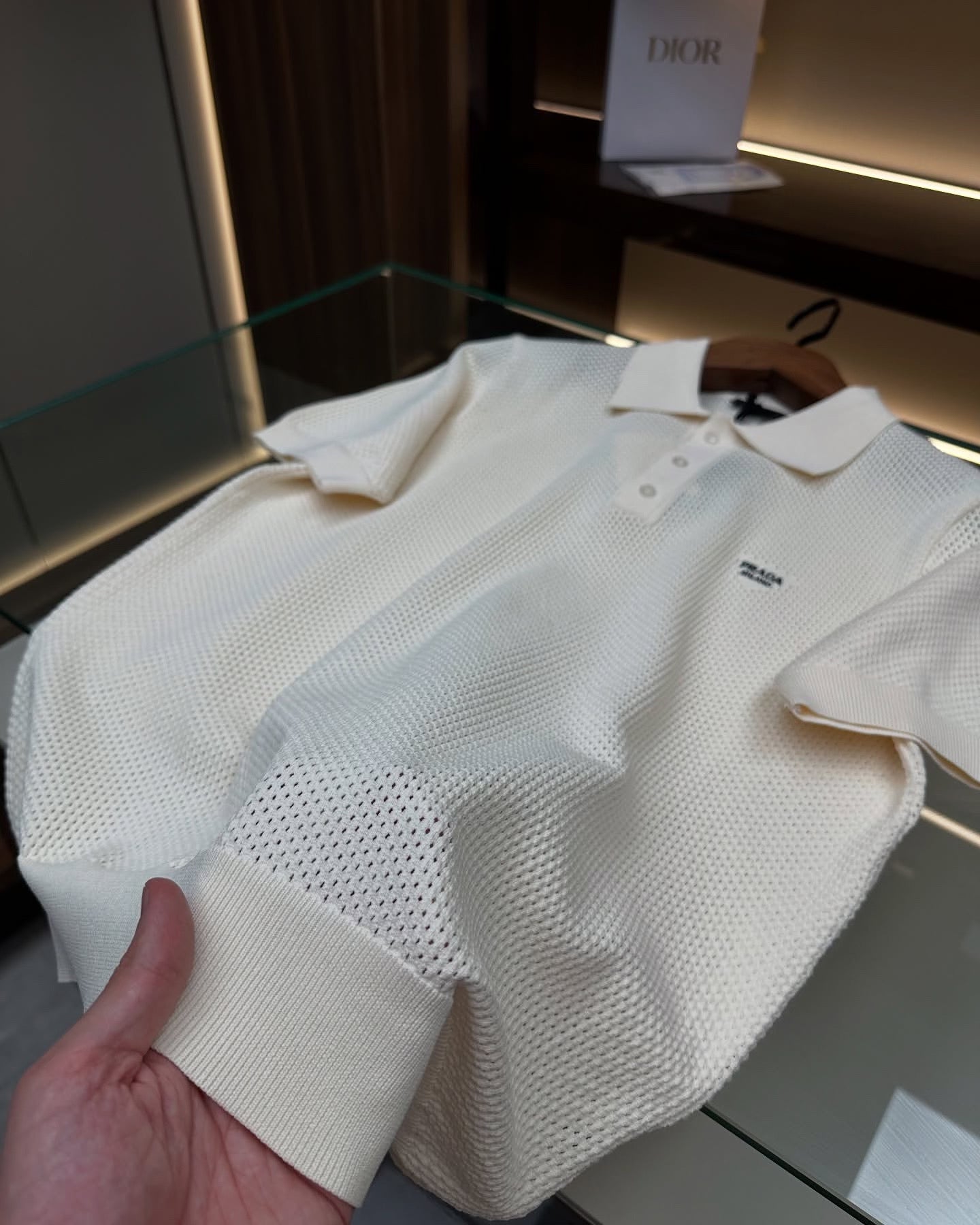 Prada Cream Mesh Knit Polo Shirt