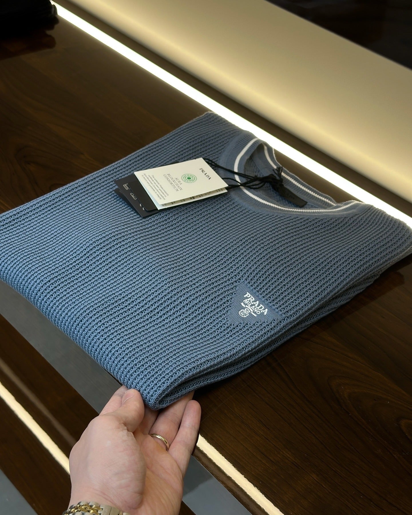 Prada Blue Ribbed Knit T-Shirt with Embroidered Triangle Logo