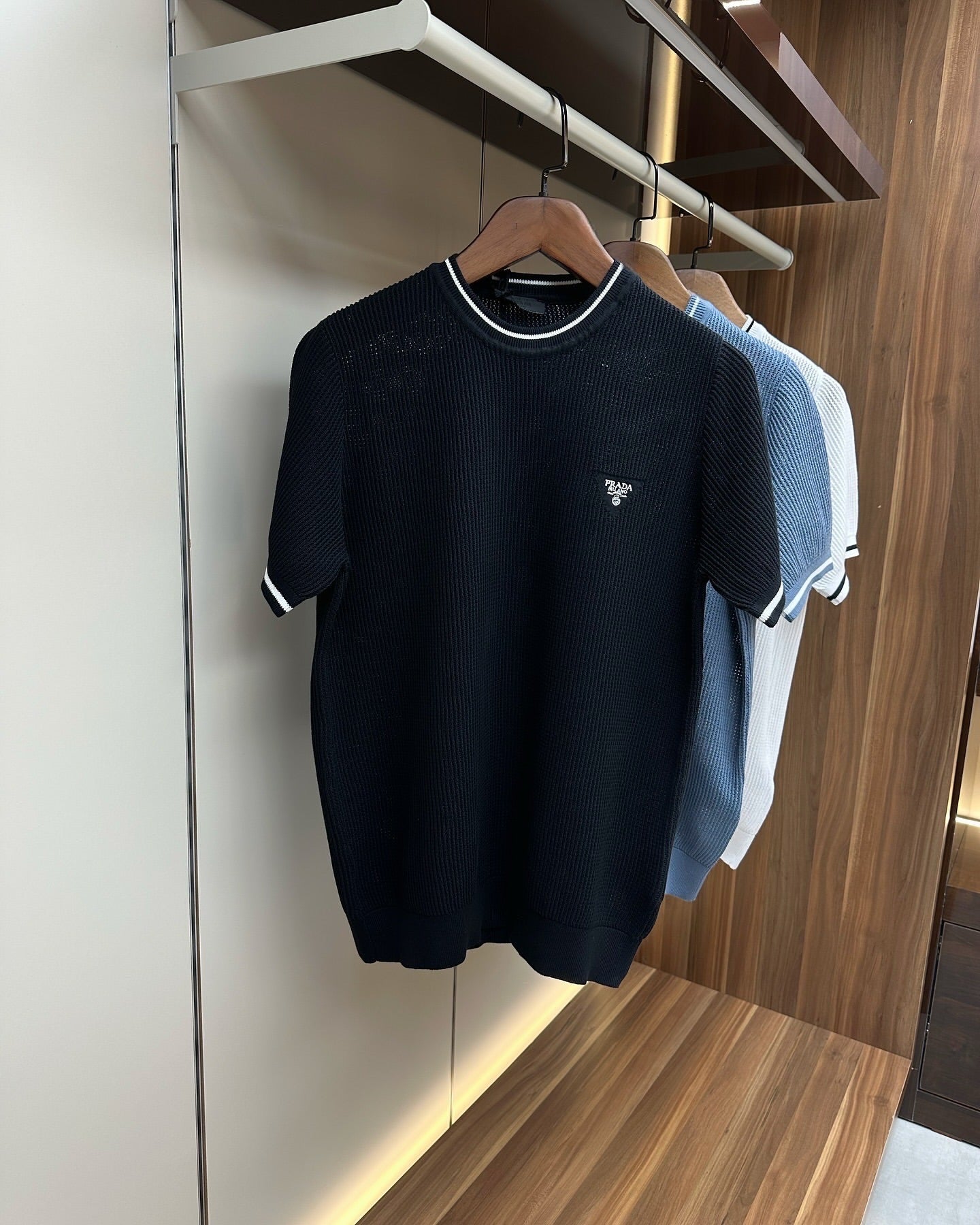 Prada Black Ribbed Knit T-Shirt with White Contrast Trim