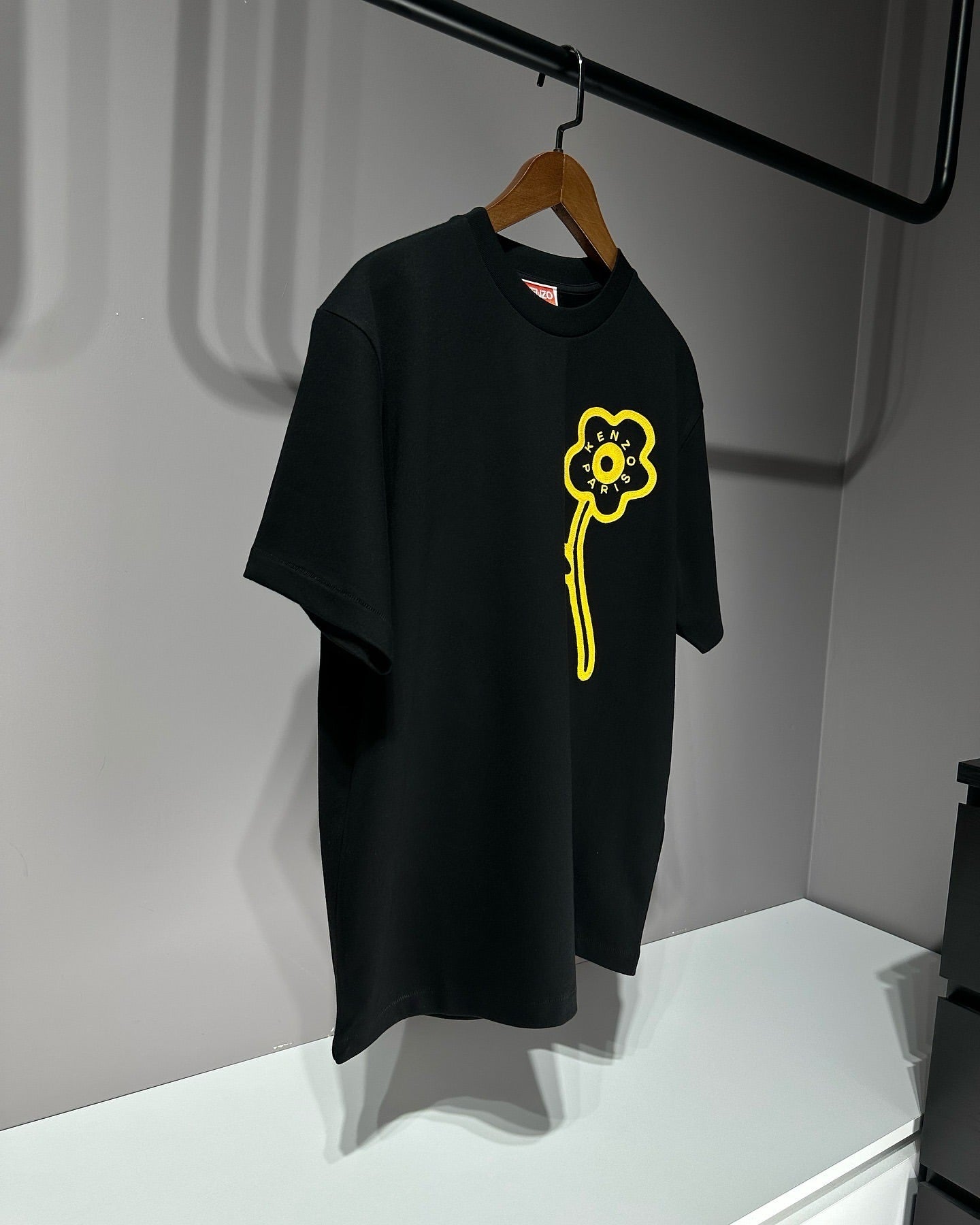 Kenzo Paris Black T-Shirt with Yellow Flower Embroidery