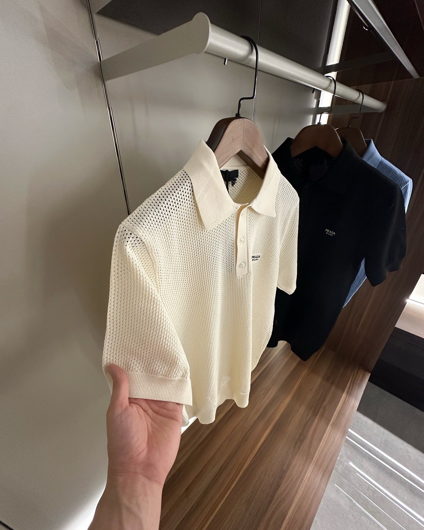 Prada Cream Mesh Knit Polo Shirt