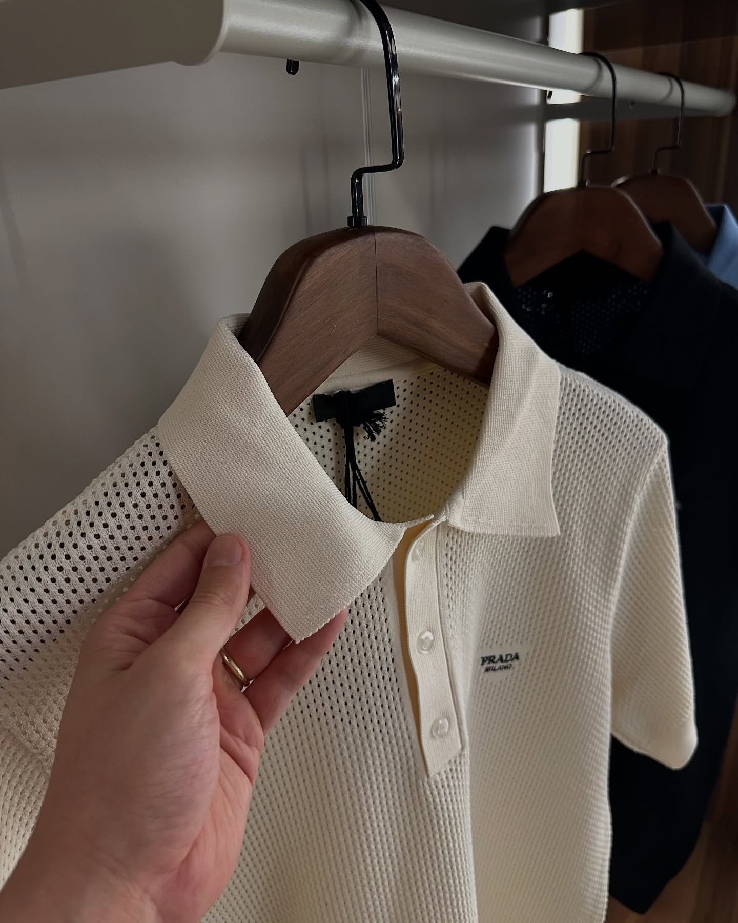 Prada Cream Mesh Knit Polo Shirt