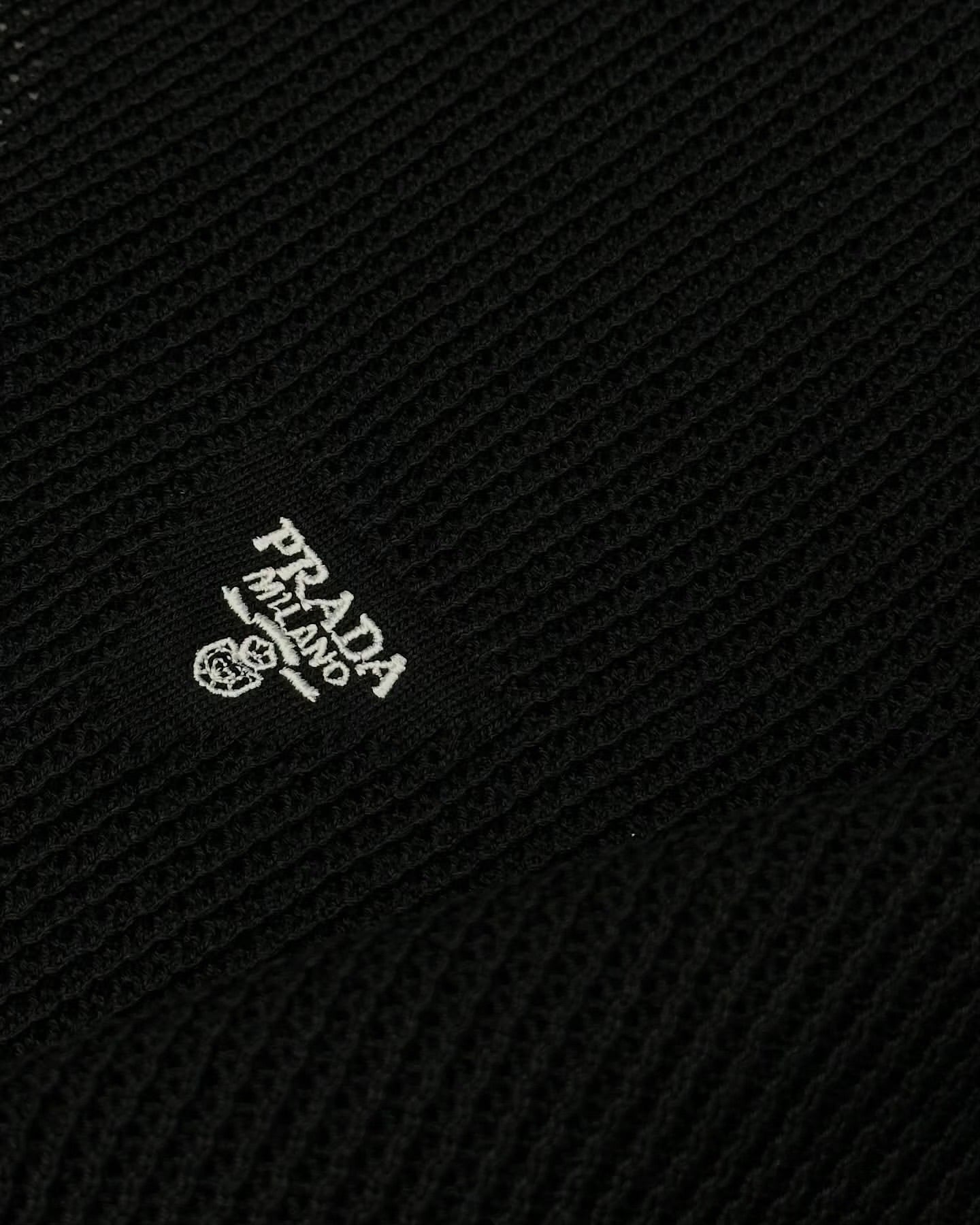 Prada Black Ribbed Knit T-Shirt with White Contrast Trim