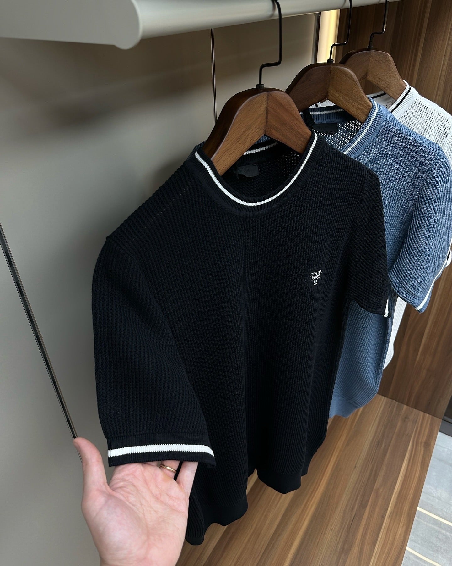 Prada Black Ribbed Knit T-Shirt with White Contrast Trim