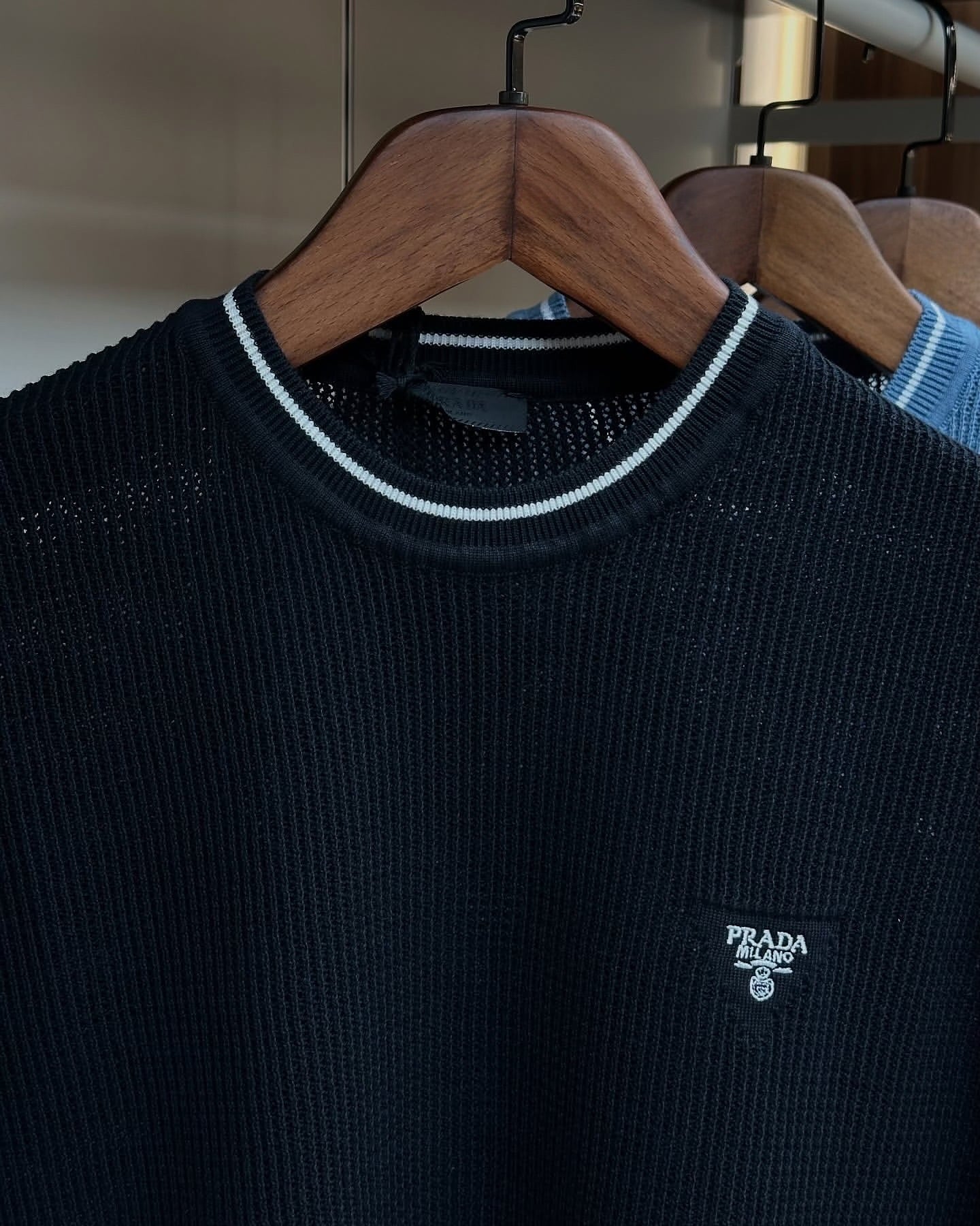 Prada Black Ribbed Knit T-Shirt with White Contrast Trim