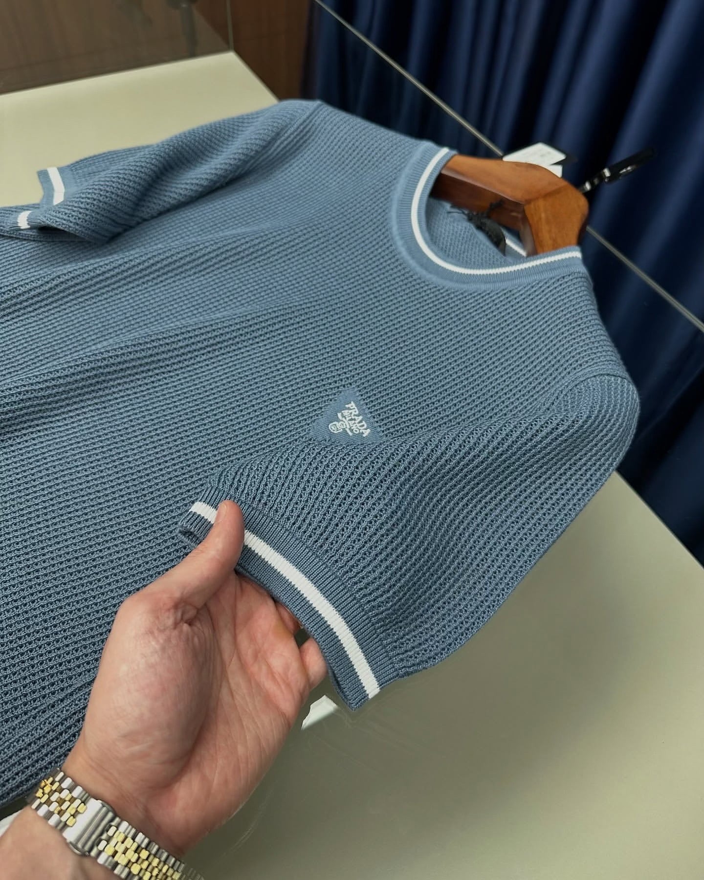 Prada Blue Ribbed Knit T-Shirt with Embroidered Triangle Logo
