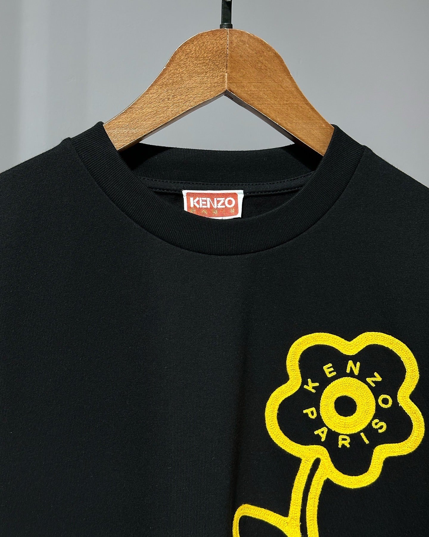 Kenzo Paris Black T-Shirt with Yellow Flower Embroidery