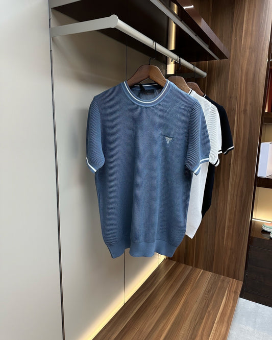 Prada Blue Ribbed Knit T-Shirt with Embroidered Triangle Logo