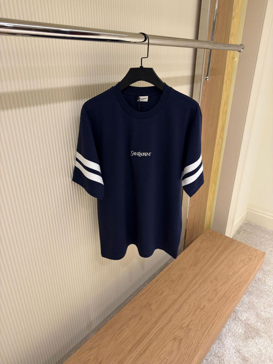Saint Laurent Navy T-Shirt with Stripe Sleeve Detail