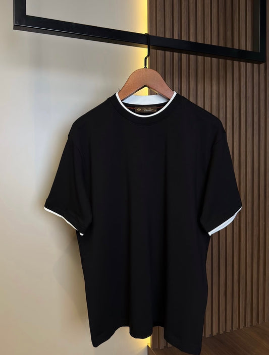 Loro Piana Black Crew Neck T-Shirt with White Contrast Trim – Premium Cotton