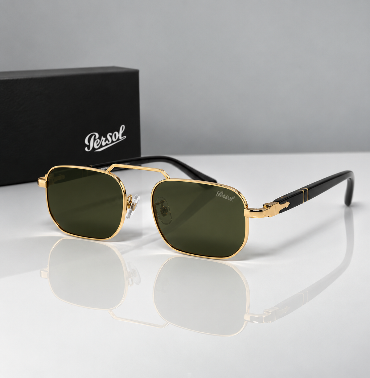 Persol Rectangular Sunglasses Olive Green & Gold