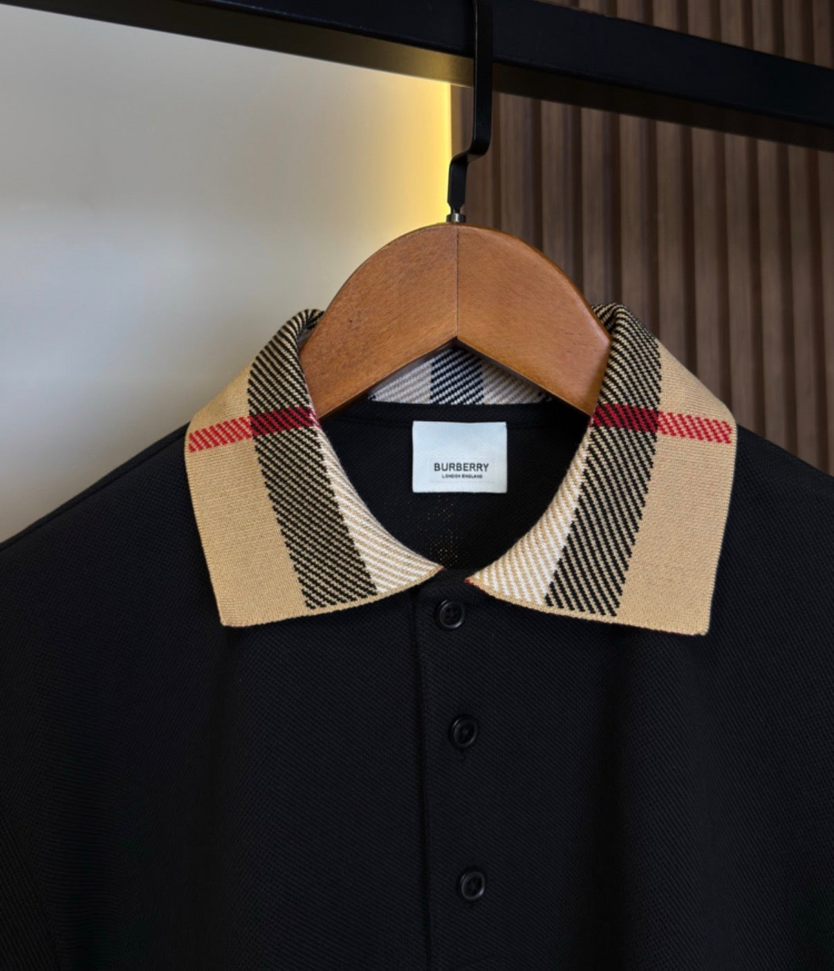 Burberry Black Polo Shirt – Iconic Check Collar – Premium Cotton – Men’s
