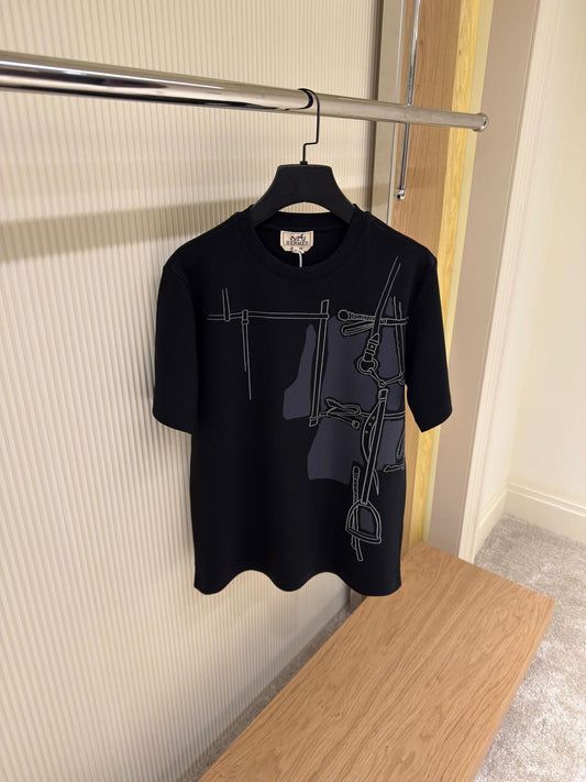 Hermès Black T-Shirt with Equestrian-Inspired Graphic