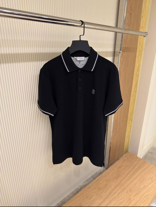 Black Polo Shirt with White Tipped Collar and Sleeve Edges