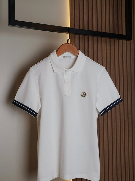 Moncler White Polo Shirt with Contrast Tipped Sleeves