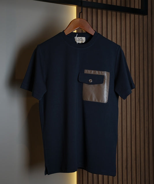 Hermès Navy Blue T-Shirt with Brown Satin Pocket