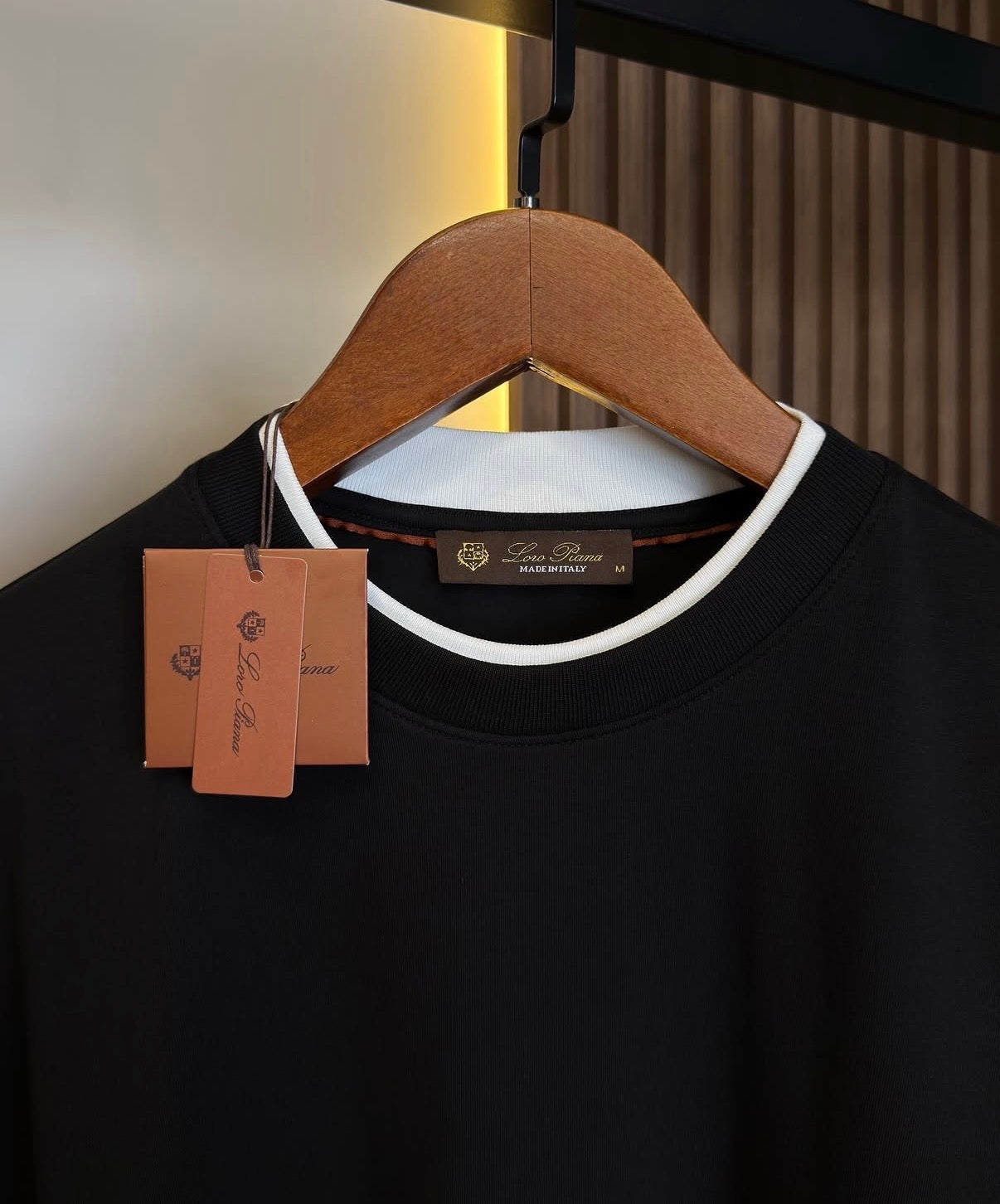 Loro Piana Black Crew Neck T-Shirt with White Contrast Trim – Premium Cotton