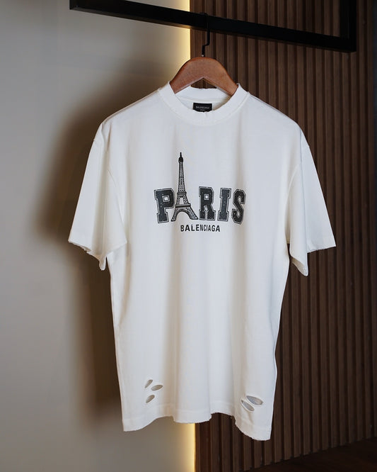 Balenciaga Paris Distressed T-Shirt – White