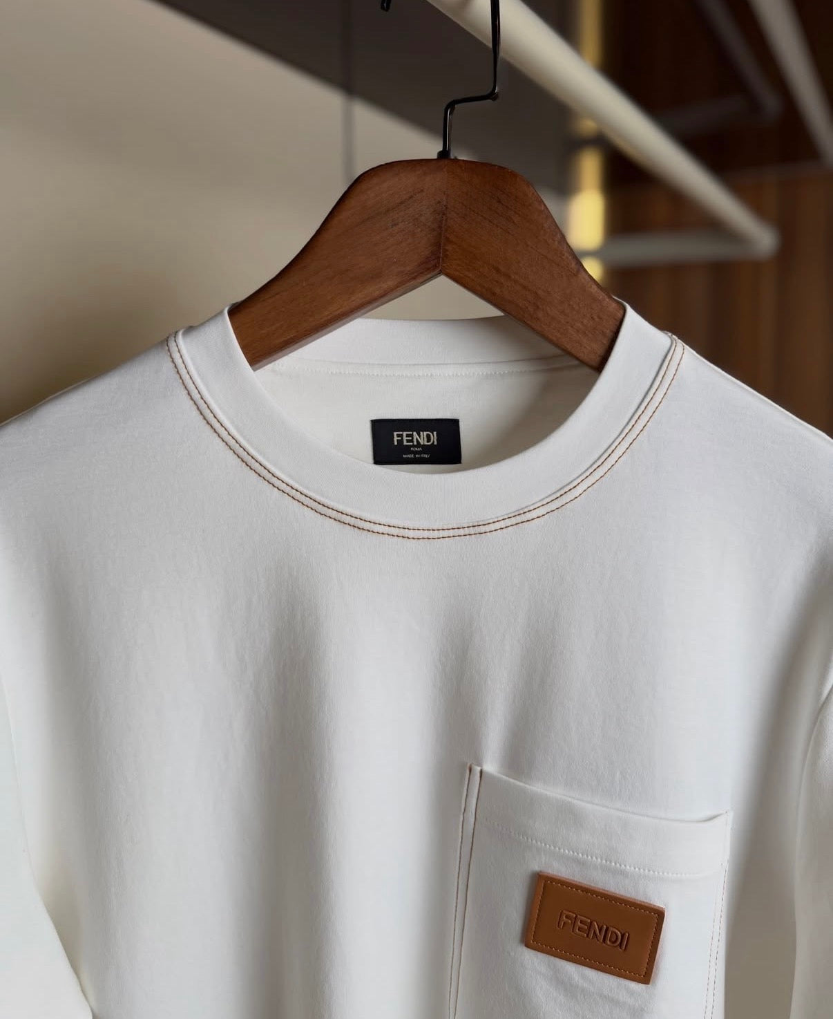 Fendi White Contrast Stitch Pocket T-Shirt – Premium Cotton Crew Neck