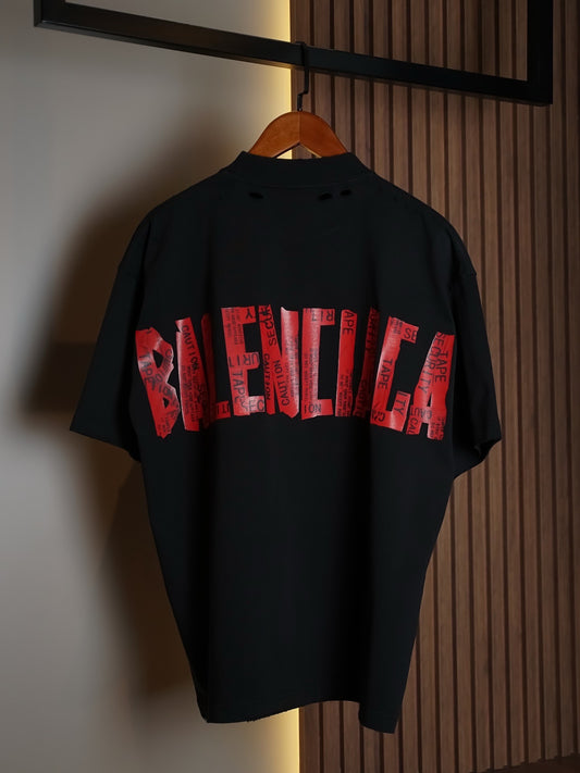 Balenciaga Black Distressed “VENICE” Tape Graphic T-Shirt