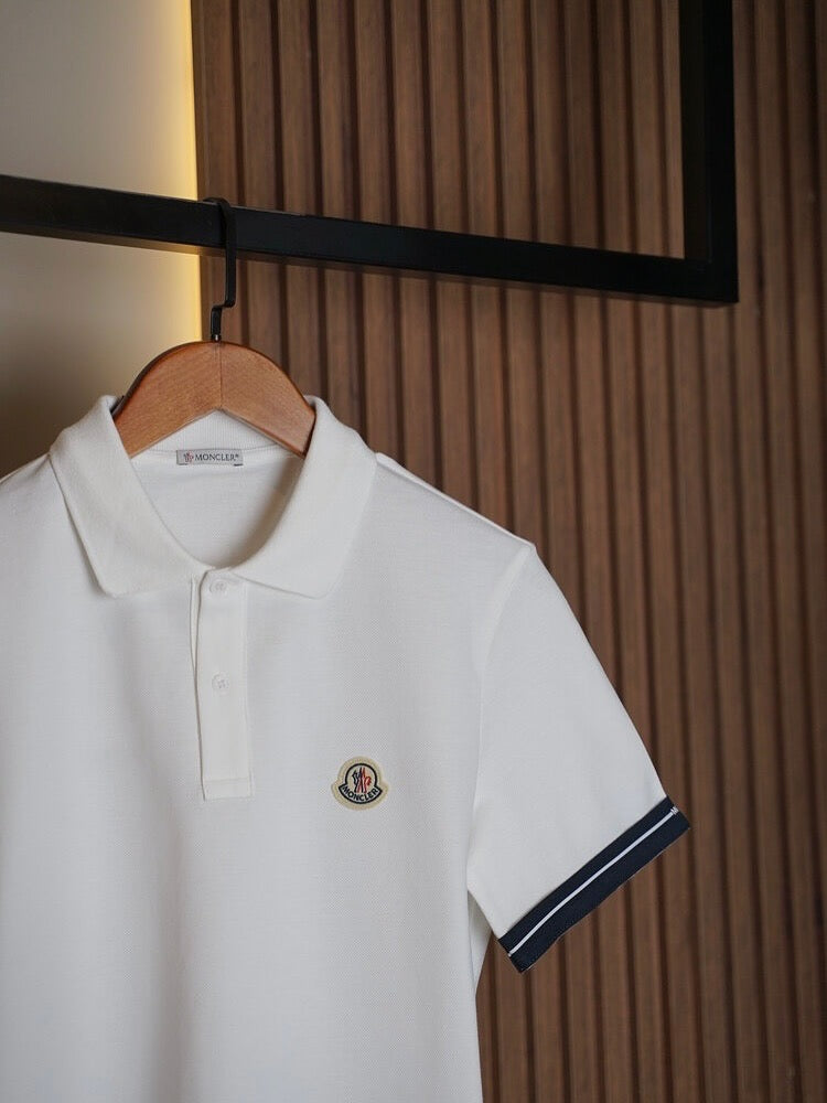 Moncler White Polo Shirt with Contrast Tipped Sleeves
