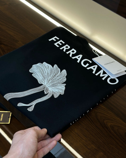 Ferragamo Black T-Shirt with Graphic Embroidery