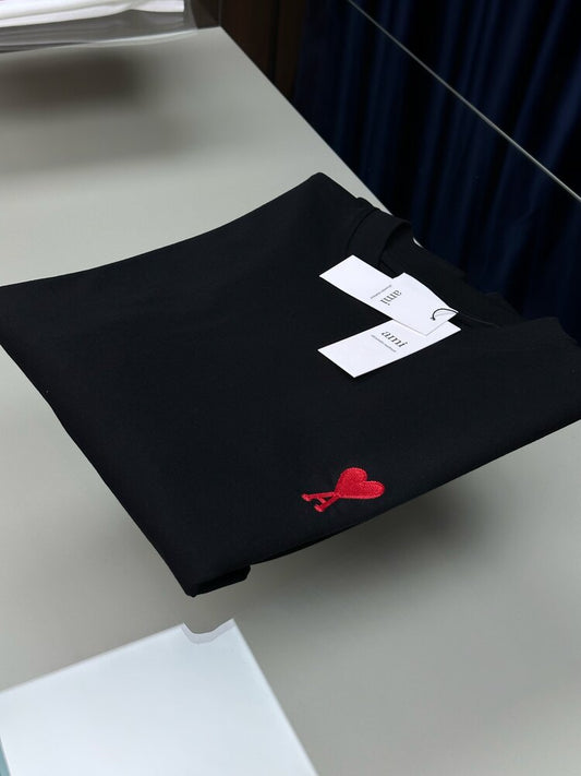 AMI Paris Black T-Shirt with Red Ami de Coeur Logo