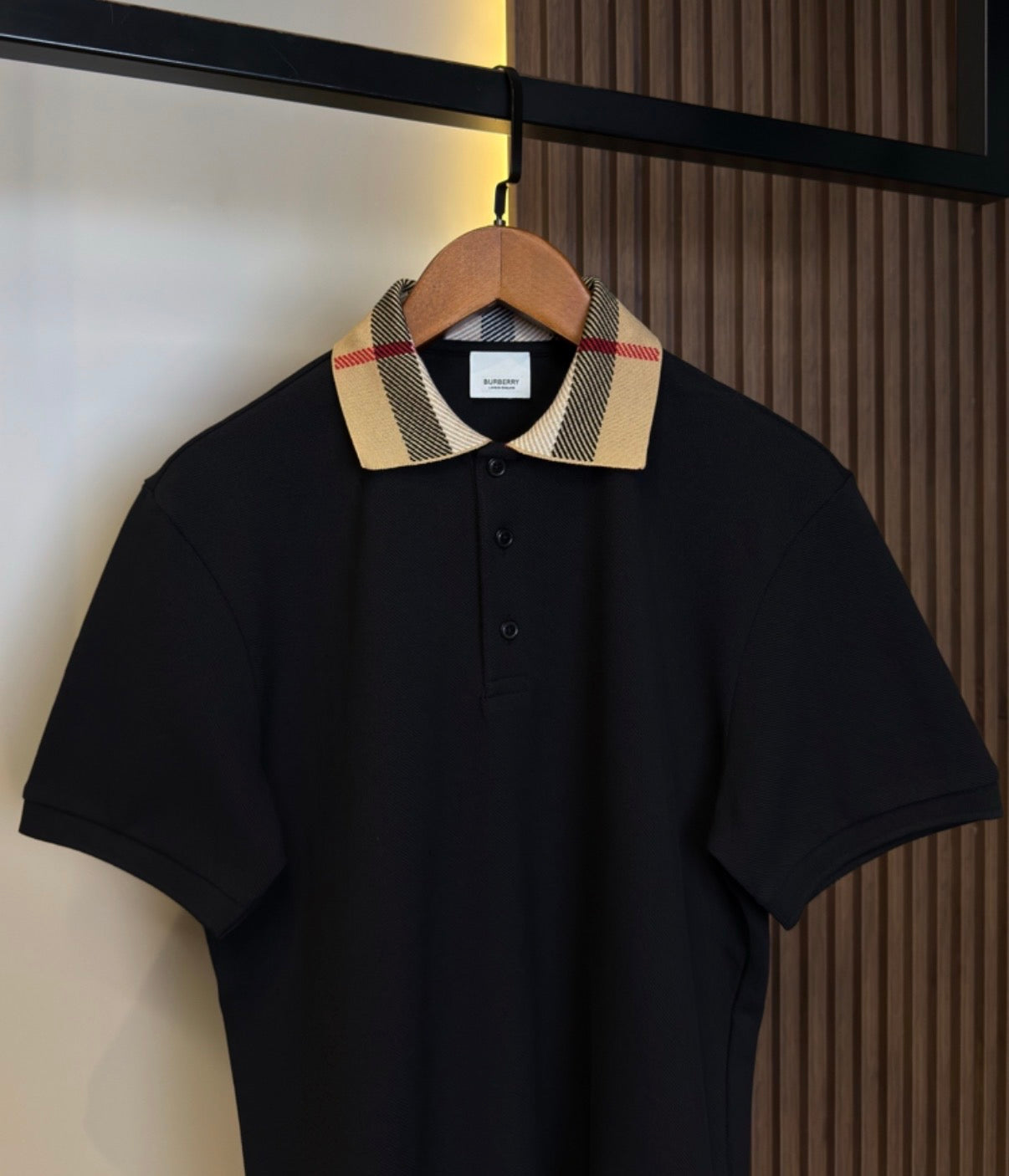 Burberry Black Polo Shirt – Iconic Check Collar – Premium Cotton – Men’s