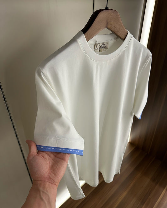 Hermès White Cotton T-Shirt with Blue Cuff Detail