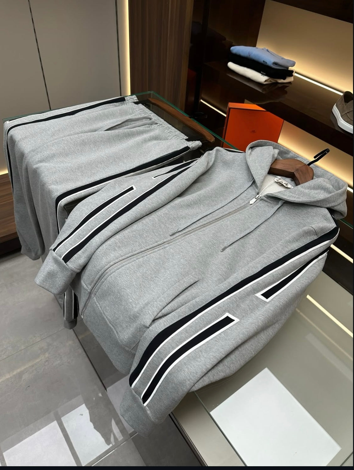 Hermes Sport Stripe Zip Hoodie – Grey - CBLACK