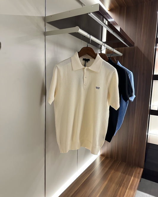 Prada Cream Mesh Knit Polo Shirt