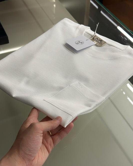 Hermès White Cotton T-Shirt with Sleeve Pocket & Embroidered “H” Logo