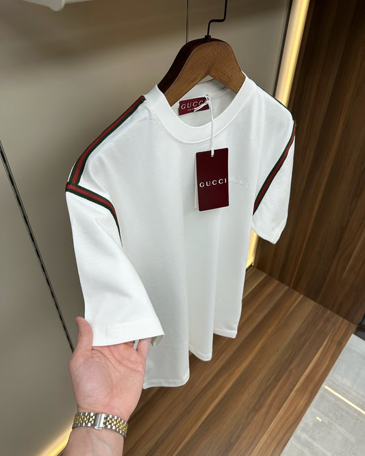 Gucci White Cotton T-Shirt with Web Stripe Detail (oversize)